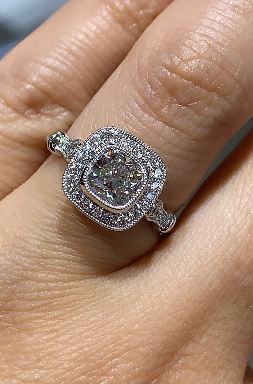 1.34CT T.W. Cushion Diamond Halo Engagement Art-Deco Anniversary Ring