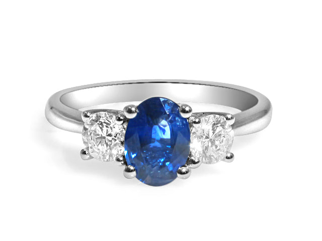 Blue Sapphire& Diamond Three Stone Ring