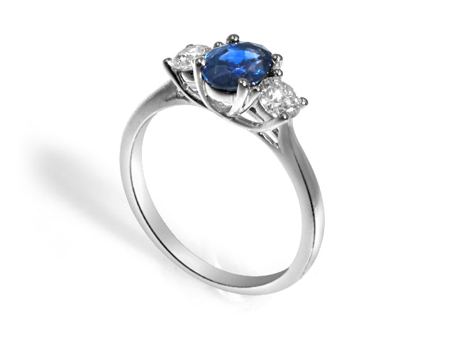 Blue Sapphire& Diamond Three Stone Ring